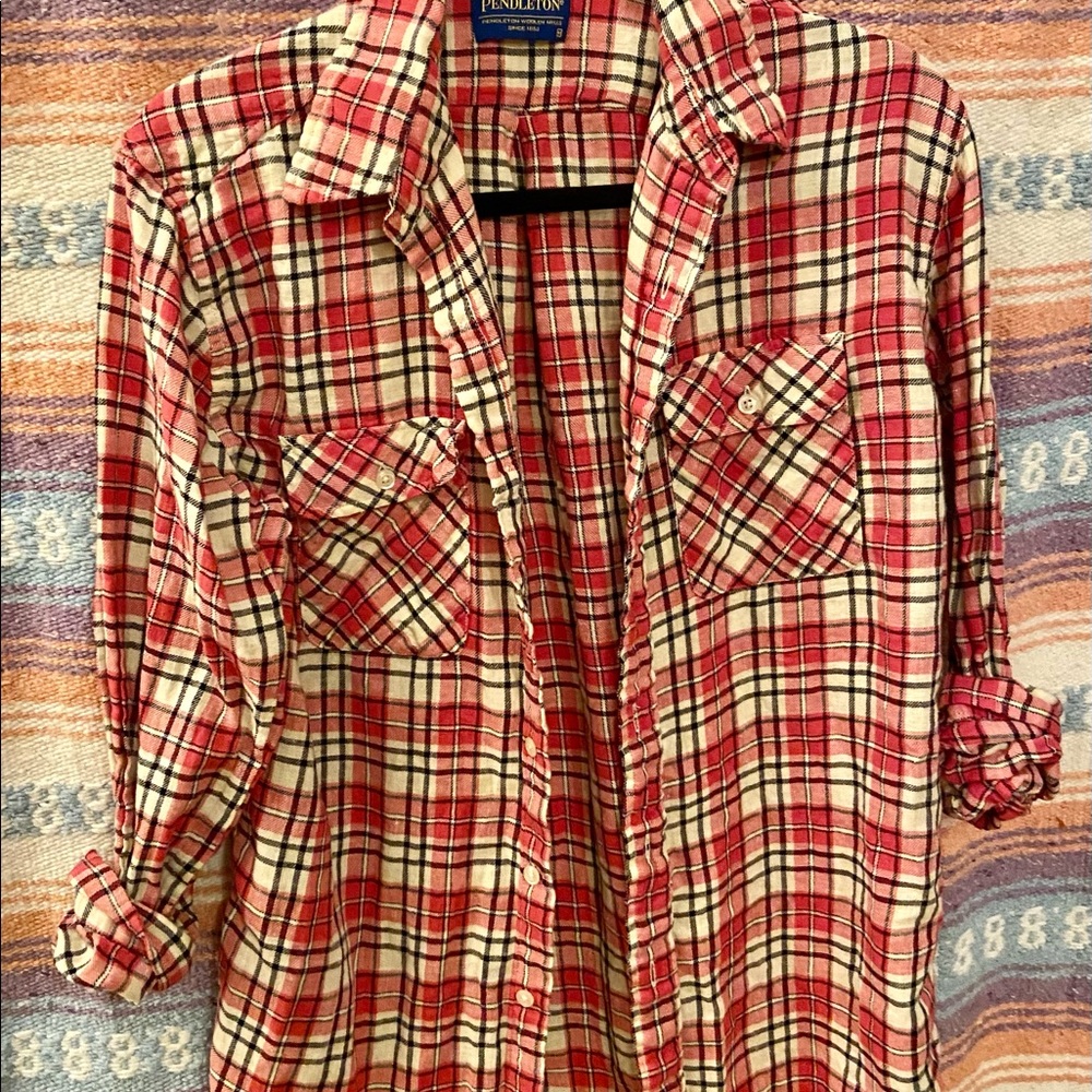 Women’s Long Sleeve Button Up Plaid Pendleton Linen Cotton Blend Clark Shirt